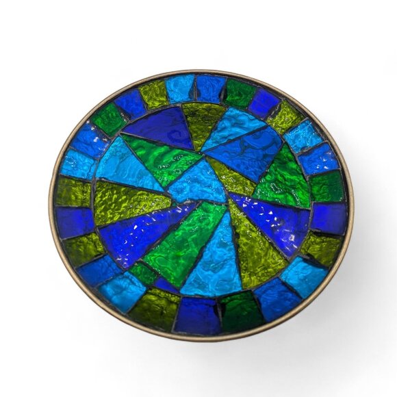 Vtg MCM SIGNED Jon Matin 12" Round Stained Foil Glass Tray/Platter Plate 1950's - Picture 3 of 12